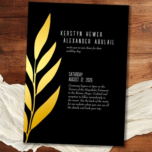 Boho Black Gold Foil Vintage Botanical Wedding Foil Invitation