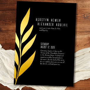 Boho Black Gold Foil Vintage Botanical Wedding Invitation