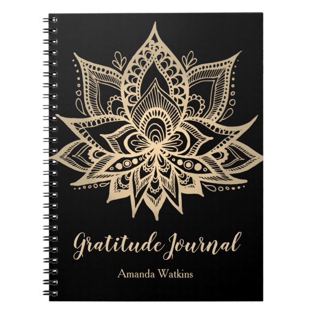 Boho Black Gold Lotus Flower Gratitude Journal (Front)