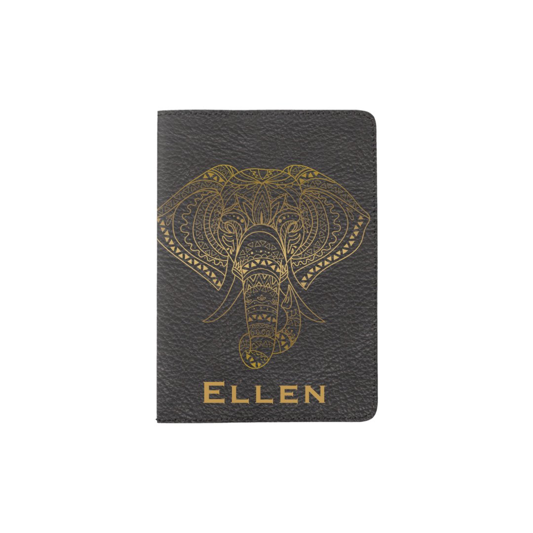 Boho Black Gold Tribal Floral Elephant Leather Passport Holder Zazzle