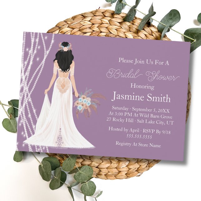 Boho Black Hair Bride With Pearls Bridal Shower P Invitation (Creator Uploaded)