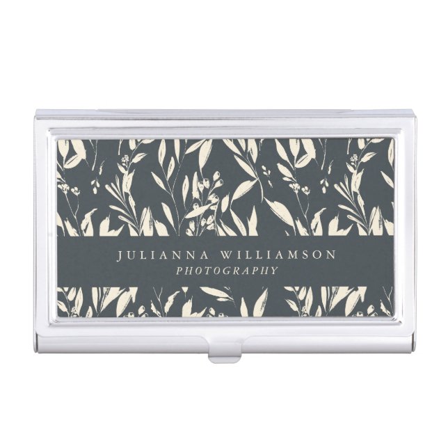 Boho Black Hand Drawn Floral Professional Custom  Business Card Case (Front)