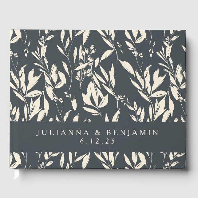 Boho Black Hand Drawn Floral Wedding Custom Guest Book (Front)