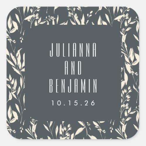 Boho Black Hand Drawn Floral Wedding Custom Square Sticker