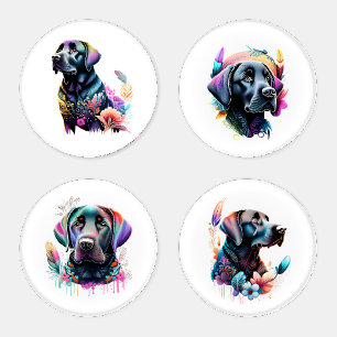 Boho Black Lab With Flowers & Feathers Coaster Set