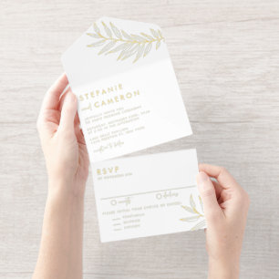 Boho Black Minimalist Foliage Wedding All In One Invitation