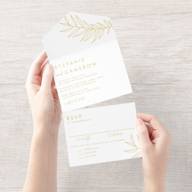 Boho Black Minimalist Foliage Wedding All In One Invitation (Tearaway)