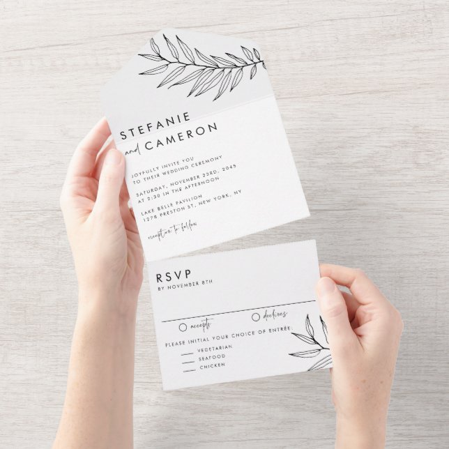 Boho Black Minimalist Foliage Wedding All In One Invitation (Tearaway)