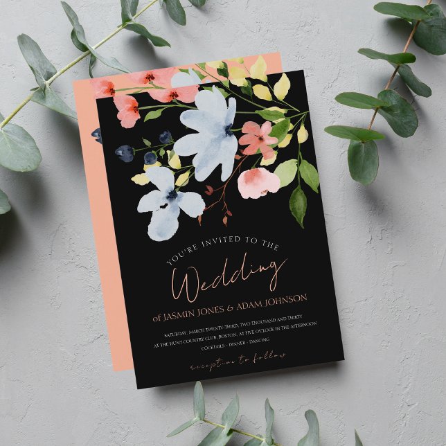 Boho Black Pink and White Floral Wedding Invitation (Creator Uploaded)
