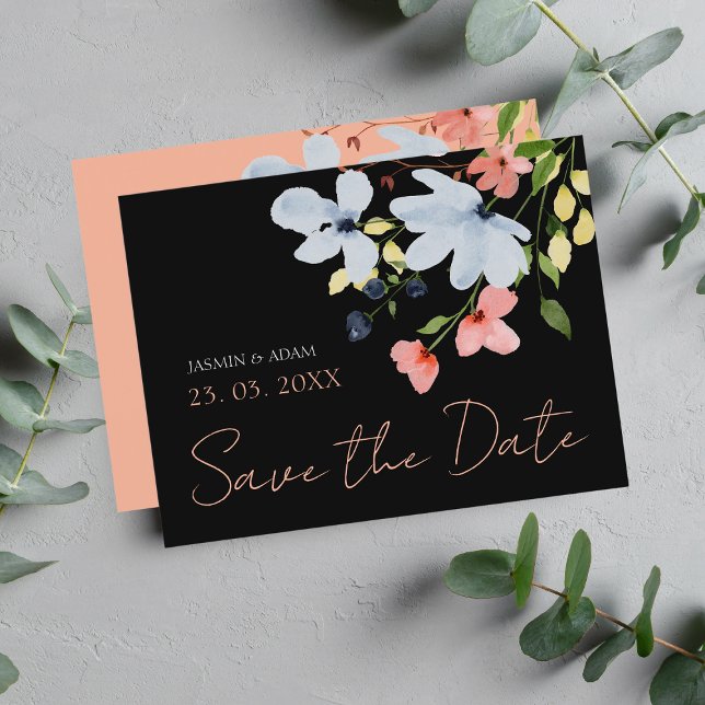 Boho Black Pink Floral Save The Date Postcard (Creator Uploaded)
