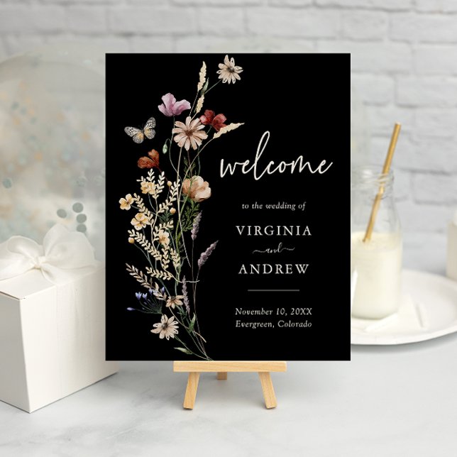 Boho Black Welcome Wedding Poster (Black Boho Watercolor Floral Welcome Wedding Poster with Butterfly by Painted Paperie
)