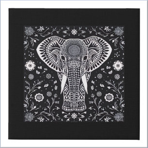 Boho Black & White Batik Elephant Faux Canvas Print
