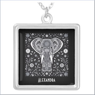 Boho Black & White Batik Elephant Silver Plated Necklace