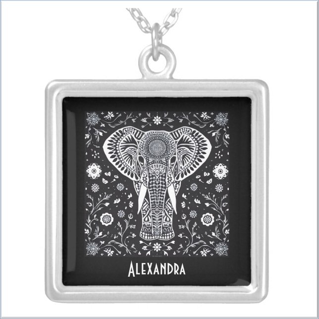 Boho Black & White Batik Elephant Silver Plated Necklace (Creator Uploaded)