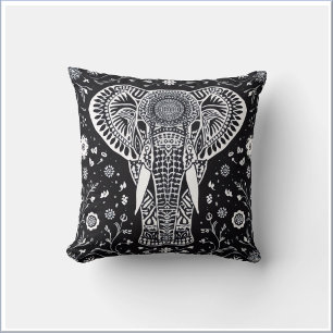 Boho Black & White Batik Elephant Throw Pillow