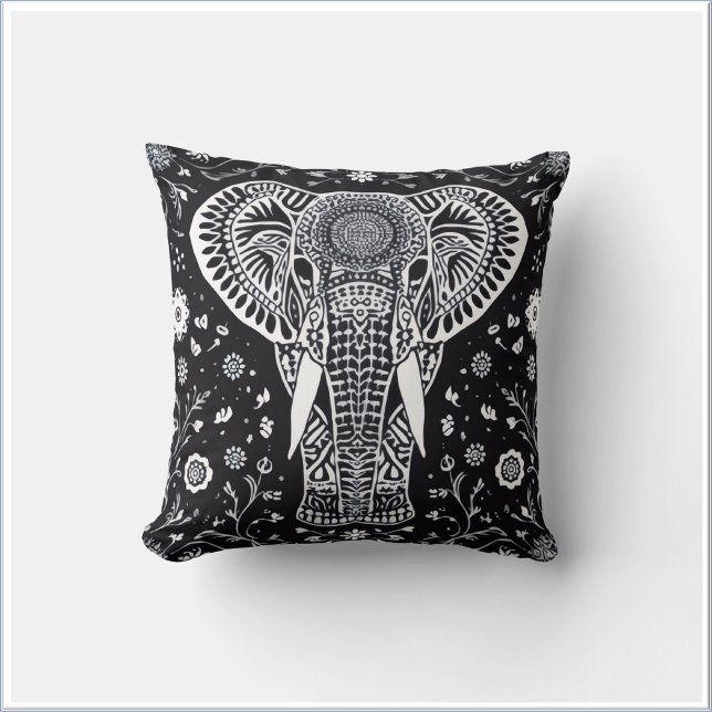 Boho Black & White Batik Elephant Throw Pillow (Creator Uploaded)