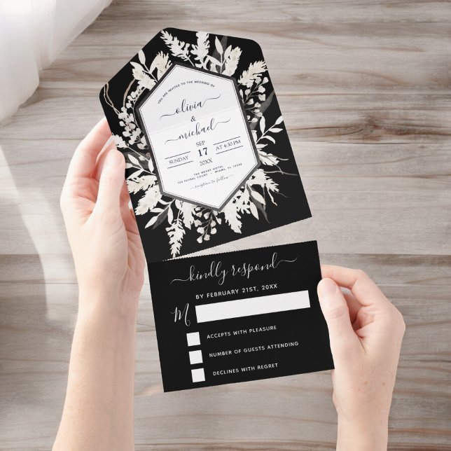 Boho Black White Beige Botanical Wedding  All In One Invitation (Creator Uploaded)