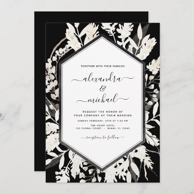 Boho Black White Beige Botanical Wedding Invitation (Front/Back)