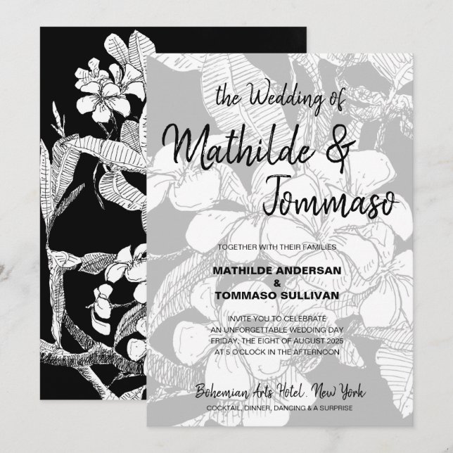 Boho Black White Drawing Floral Wedding Invitation (Front/Back)