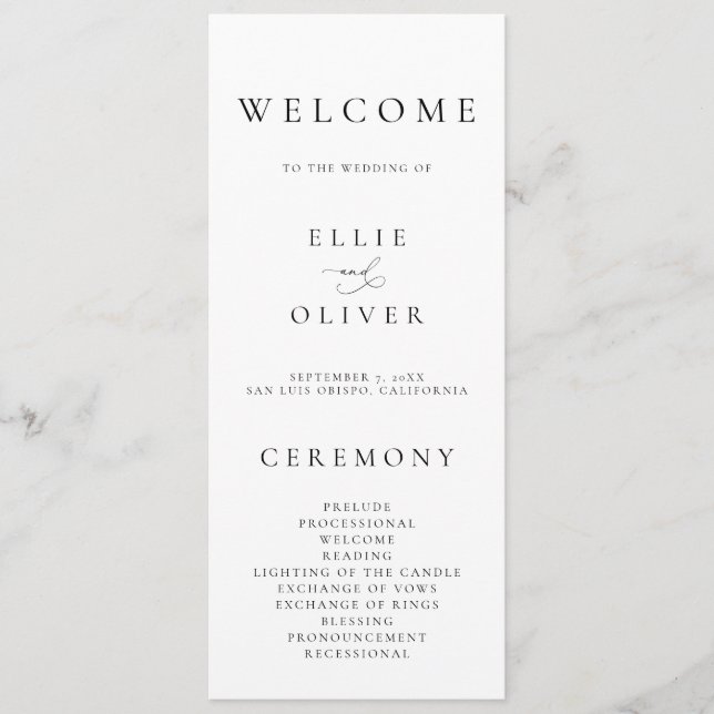 Boho Black & White Elegant Minimalist Wedding Program (Front)