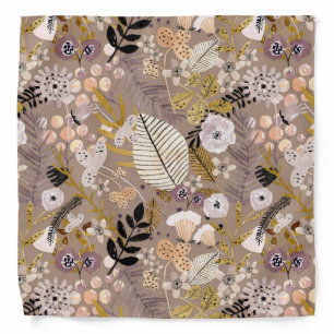 Boho Black White Gold Peach Line Drawn Leaf Floral Bandana