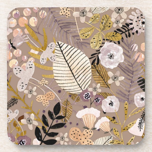 Boho Black White Gold Peach Line Drawn Leaf Floral Beverage Coaster (Front)
