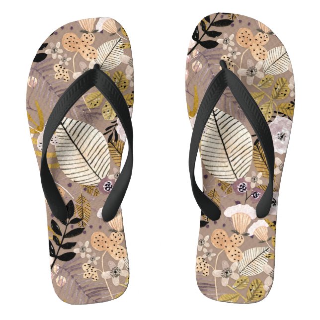 Boho Black White Gold Peach Line Drawn Leaf Floral Flip Flops (Footbed)