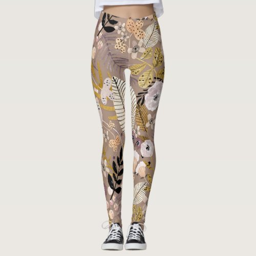 Boho Black White Gold Peach Line Drawn Leaf Floral Leggings