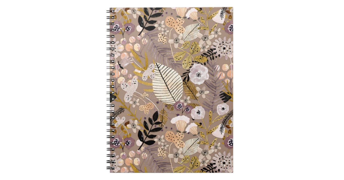 Boho Black White Gold Peach Line Drawn Leaf Floral Notebook | Zazzle
