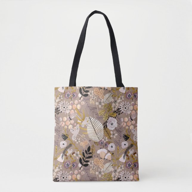 Boho Black White Gold Peach Line Drawn Leaf Floral Tote Bag (Front)