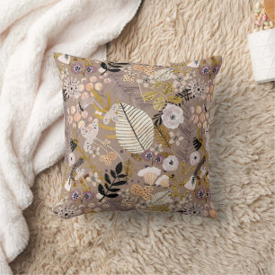 Boho Black White Gold Peach Line Drawn Leaf Flower Throw Pillow