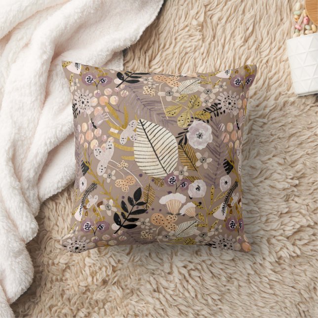 Boho Black White Gold Peach Line Drawn Leaf Flower Throw Pillow (Blanket)