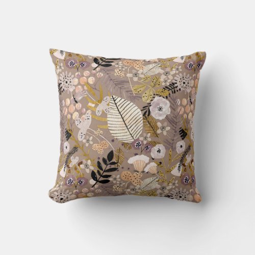 Boho Black White Gold Peach Line Drawn Leaf Flower Throw Pillow