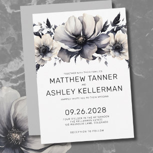 Boho Black White Modern Floral Wedding Invitation