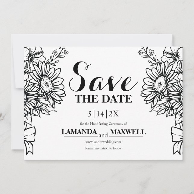 Boho Black & White Sunflower Bouquet Handfasting Save The Date (Front)