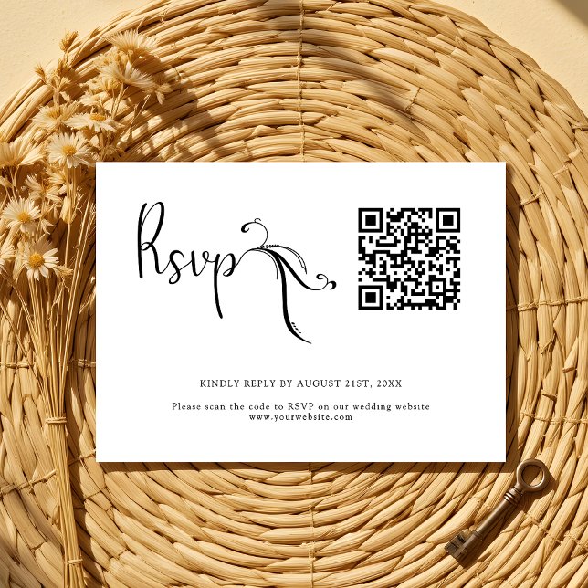 Boho Black White Wedding QR Code Budget RSVP Card (Creator Uploaded)