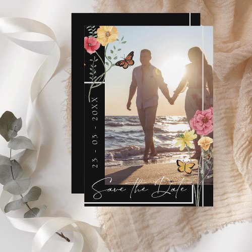 Boho Black Wildflowers Photo Save the Date