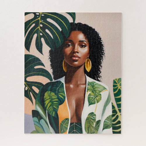 Boho Black Woman Botanical Portrait Jigsaw Puzzle
