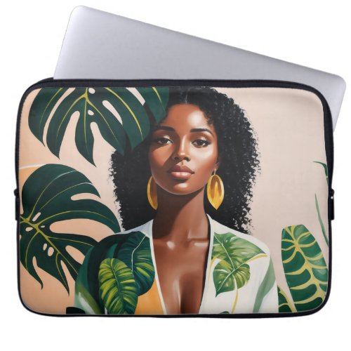 Boho Black Woman Botanical Portrait Laptop Sleeve