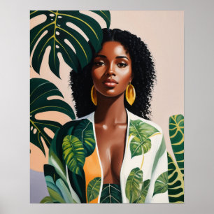 Boho Black Woman Botanical Portrait Poster