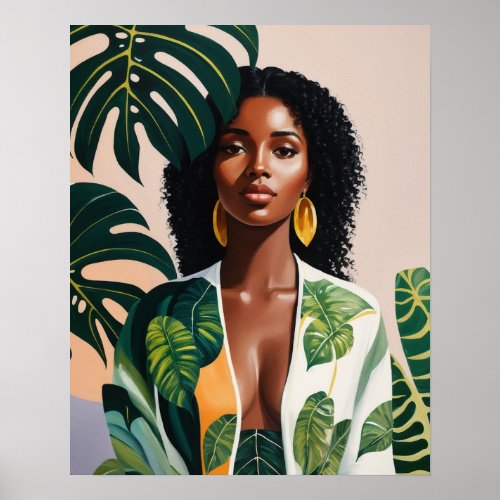 Boho Black Woman Botanical Portrait Poster