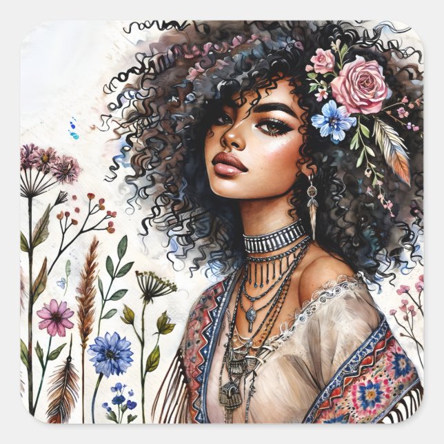 Boho Black Woman With Curly Hair Watercolor Square Sticker (Front)