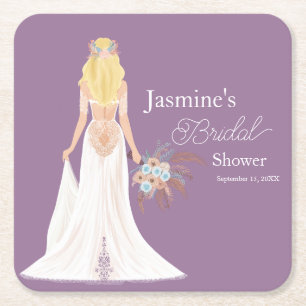 Boho Blonde Hair Bride With Flowers Square Paper Coaster