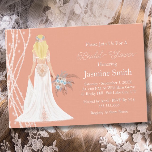 Boho Blonde Hair Bride With Pearls Bridal Shower Invitation (Creator Uploaded)