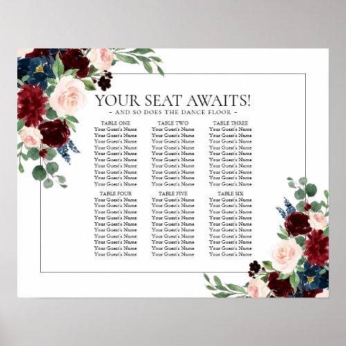 Boho Bloom  Burgundy and Navy 6 Table Seat Chart