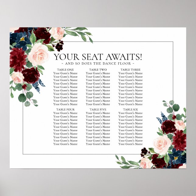Boho Bloom | Burgundy and Navy 6 Table Seat Chart (Front)