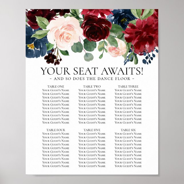Boho Bloom | Burgundy and Navy 6 Table Seating Poster (Front)