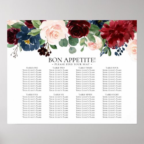 Boho Bloom  Burgundy and Navy 8 Table Seat Chart