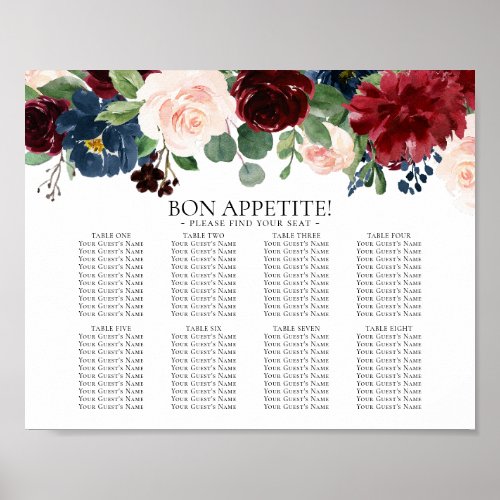 Boho Bloom  Burgundy and Navy 8 Table Seating Poster