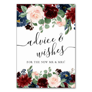Boho Bloom Burgundy and Navy Blue Advice Wishes Table Number